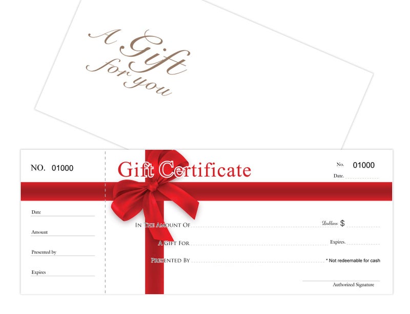 IMPACTONLINEPRINTING Blank Gift Certificates 25set, gift certificate for business, Gift-RED-RIBBON-PP, Comes with matching Envelopes, Sequential Numbering Printing - Image 1